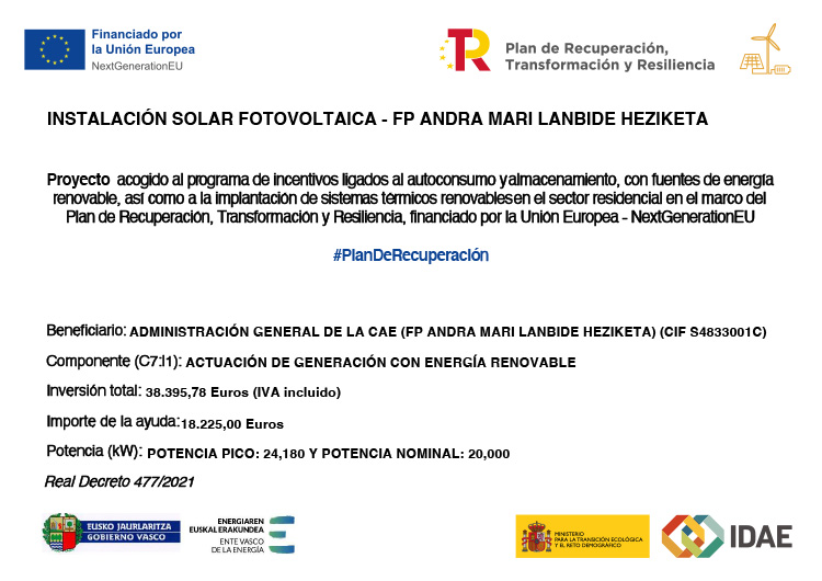 Plan de Recuperación, Transformación y Resiliencia, instalación solar fotovoltaica - Iluche Distribución - FP AndraMari LH